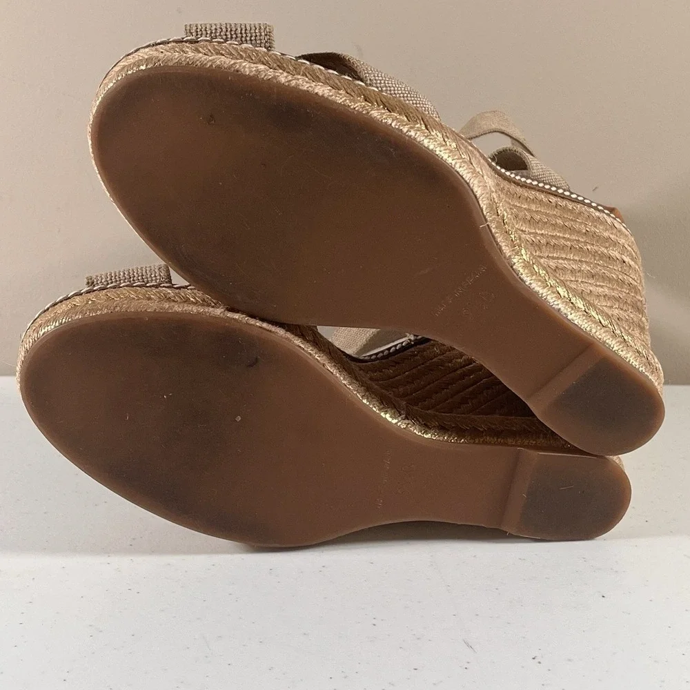 Tory Burch Sandals Womens 9.5 Khaki Frieda Stripe Platform Espadrille Wedge Heel - Picture 10 of 11